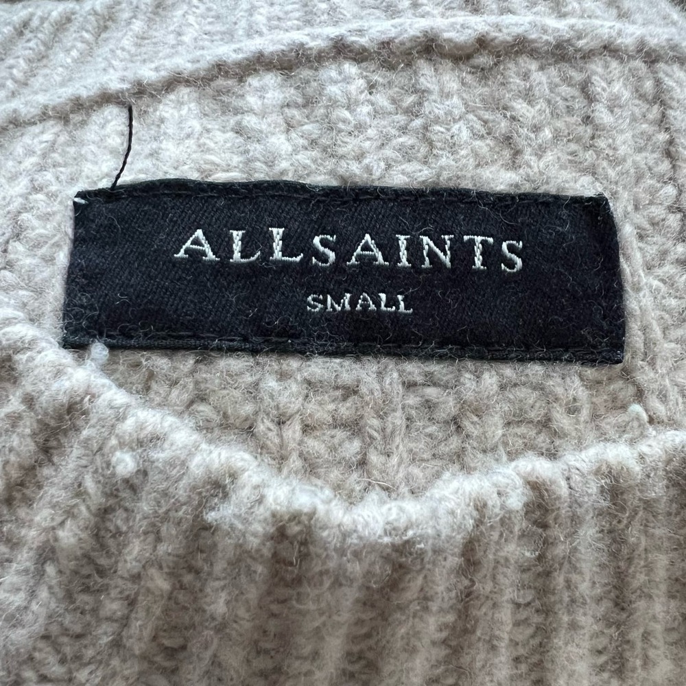 All Saints Ribbed Crewneck Oversized Knit Sweater Wool Small Tan Khaki Classic - Picture 8 of 9